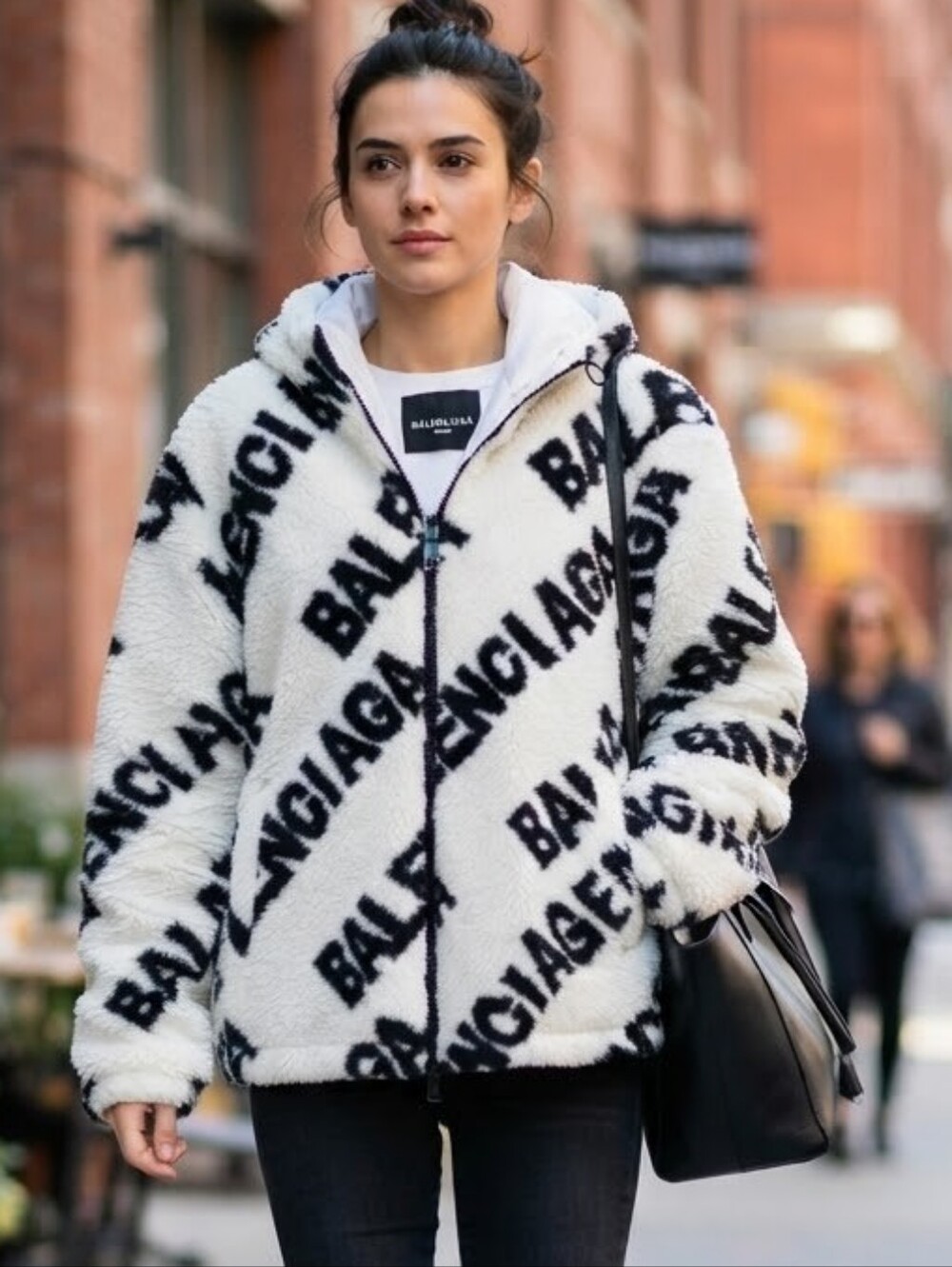 Balenciaga All-Over Logo Printed Sherpa Fleece Hooded Jacket - Size M